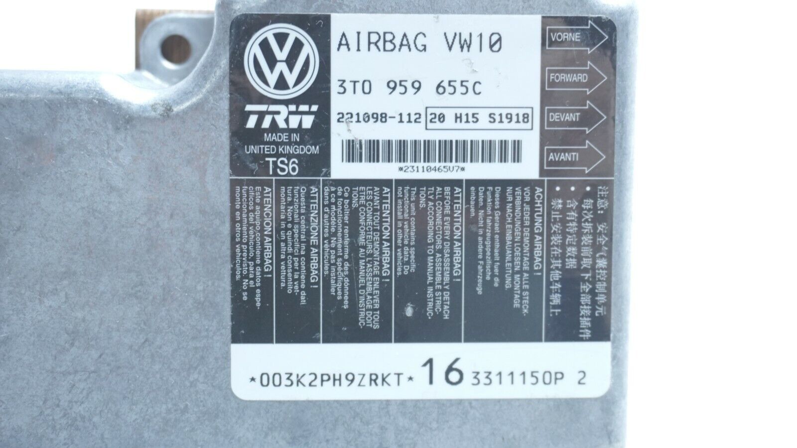 CENTRALITA ECU AIRBAG VW SKODA 3T0959655C 3T0 959 655C 221098 112 H15 S1918 - Imagen 3